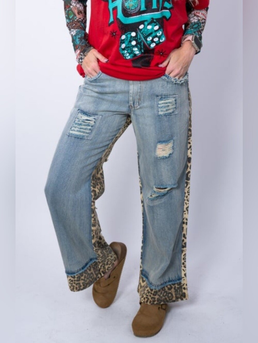 Safari Craze Distressed Wide-Leg Jeans with Leopard Side Panels Size (14-16)